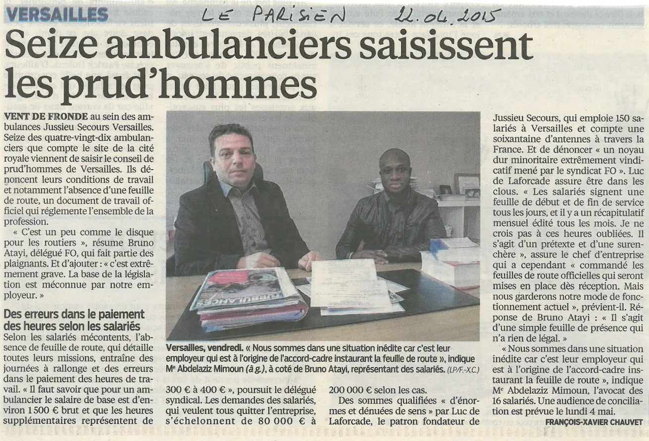 Article du Parisien du 22 avril 2015 : « Seize ambulanciers saisissent les prud'hommes », avec Abdelaziz Mimoun